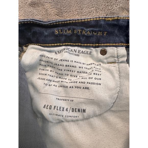 American Eagle Jeans Men 31x32 Blue Slim Strght Extreme Flex 4 Distressed Ripped - Picture 7 of 9